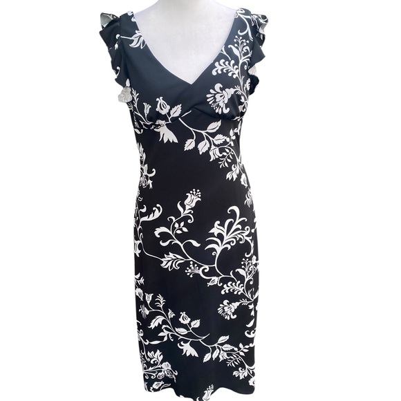 La Belle Black and White Floral Midi Dress Cap Ruffle Sleeve Vintage Y2K Medium - Picture 3 of 11